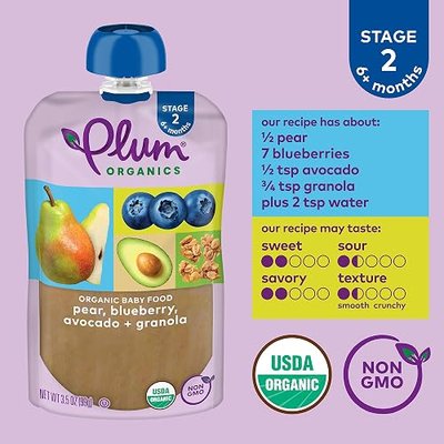 Plum Organics Stage 2 Organic Baby Food - Pear, Blueberry, Avocado, and Granola - 3.5 oz Pouch (Pack of 6) - Organic Fruit and Vegetable Baby Food Pouch