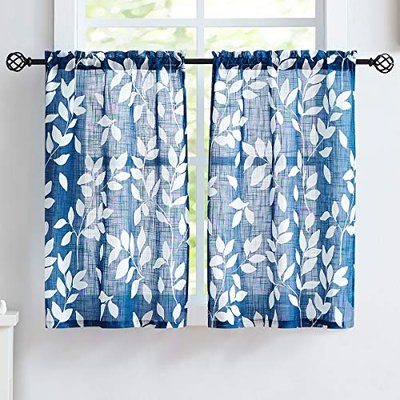 Treatmentex Grey White Kitchen Curtains 36" Short Café Curtain Set for Windows Leaf Print Tiers 2 Panels