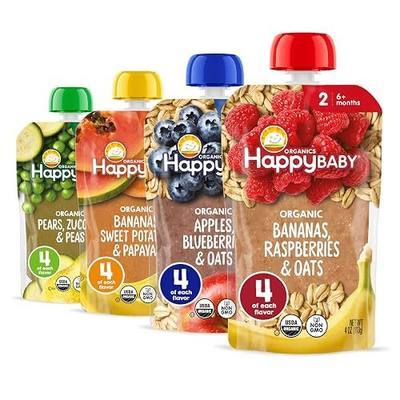Happy Baby Organics Stage 2 Baby Food Pouches, Gluten Free, Vegan & Healthy Snack, Clearly Crafted Fruit & Veggie Puree, Fruit & Veggie Variety Pack, 4 Ounces (Pack of 16), Amazon Exclusive