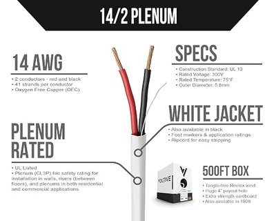 Voltive 14/2 Speaker Wire, Plenum CL3P, White, 500ft - 14AWG, 2 Conductors, Stranded Oxygen-Free Copper, UL Listed - V-1215-2
