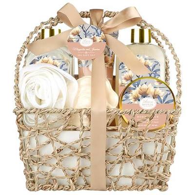 Gift Basket for Women, 8pcs Magnolia & Jasmine Spa Gift Baskets for Women | Home Spa Kit for Bridal Shower Gifts, Mothers Day, Christmas, Spa Gifts for Women, Girlfriend, Grandma, Wife, Bestie