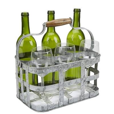 Mind Reader 6-Bottle Wine Bottle and Glass Caddy, Stemware Holder, Outdoor, Galvanized Metal, 12" L x 7.75" W x 6.25" H, Silver