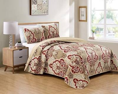 Kids Zone Home Linen Bedspread Set Damask Pattern Taupe Burgundy Brown New (King/California King)