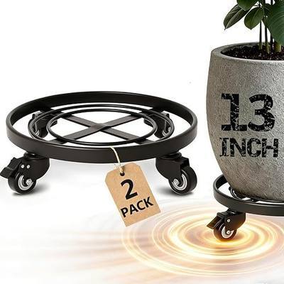 AMAGABELI GARDEN & HOME Plant Caddy with Wheels Heavy Duty 13“ 2 Pack Rolling Plant Stand Plant Dolly Iron Wheeled Lockable Casters Round Pot Mover Rollers Indoor Outdoor Planter Trolley Metal