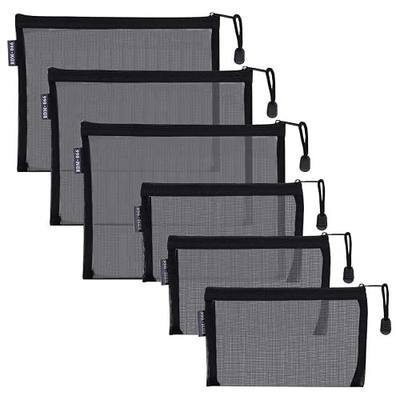 HRX Package 6pcs Mesh Makeup Bags for Travel, 2 Sizes A5 A6 (Black) | See-Through, Breathable for Damp Tools, Zipper with Cord, Space-Saving, Suitable for Purse, Diaper Bag, Cables, and First Aid