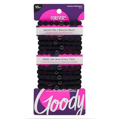 Goody Ouchless Forever Hair Elastics, 10 Ct, Black, Damage-Free Bands, 3X Stronger Elastic Ties, Retainable Shape, 16 Strand Inner Core, Styling Accessories for Women & Men, All Hair Types