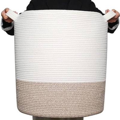 MINTWOOD Design 83L Extra Large 20x18 Inches Decorative Woven Cotton Rope Basket, Tall Laundry Basket Hamper, Blanket Basket for Living Room, Round Storage Baskets for Pillows, Towels, Light Brown
