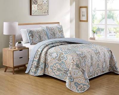 Kids Zone Home Linen Bedspread Set Damask Pattern Light Blue White Beige and Brown New (Twin/Twin Extra Long)