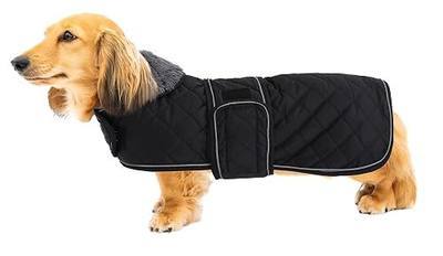 Geyecete Warm Thermal Quilted Dachshund Coat, Dog Winter Coat with Warm Fleece Lining, Outdoor Dog Apparel with Adjustable Bands for Medium, Large Dog-Black-M