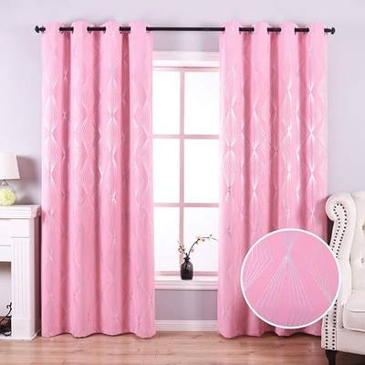 Anjee Pink Blackout Curtains for Girls Bedroom Living Room Darkening, Grommet Top Blackout Drapes with Silver Diamond Pattern Baby Nursery Window Treatment 2 Panels Sets, 52 x 95 Inches Long