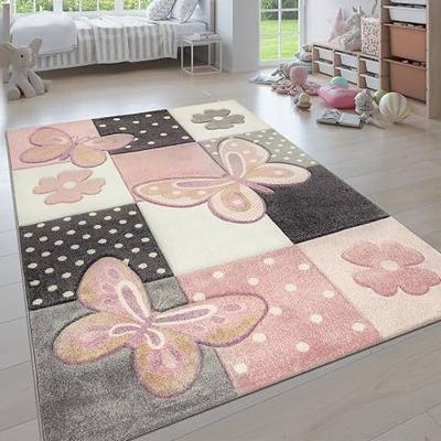 Paco Home Kids Room Rug Pastel Colors Butterflies Check Pattern Spots Flowers Colourful, Size:2'8" x 4'11"