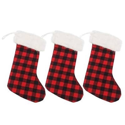 3 Pcs 18 Inch Christmas Stockings Personalized Stocking Red and Black Buffalo Check Stocking with Faux Fur Christmas Decoration