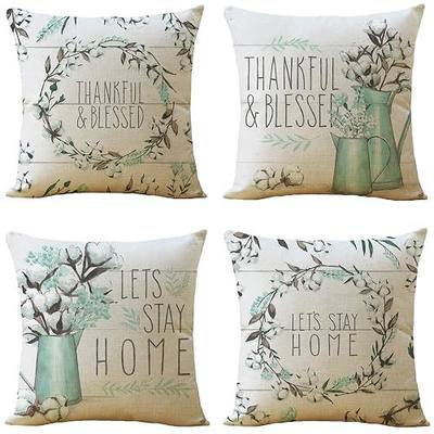 WOMHOPE Set of 4 Vintage Romantic Flowers Throw Pillow Covers Pillow Cases Cushion Cases Burlap Toss 18 x 18 Inch for Living Room,Couch and Bed (Vase (Set of 4 pcs))