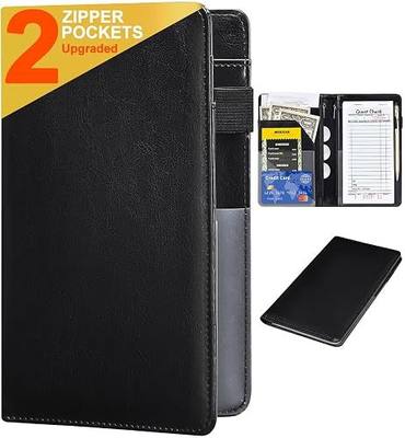 HerriaT Server Books for Waitress - Leather Waiter Book Server Wallet with Zipper Pocket, Cute Waitress Book&Waitstaff Organizer with Money Pocket Fit Server Apron(Classic Black)
