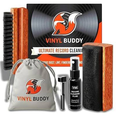 Vinyl Buddy 5-in-1 Vinyl Record Cleaning Kit | Premium Hardwood Velvet & Microfiber Brush, Stylus Brush, Alcohol-Free Solution & Storage Pouch — Clean, Protect & Restore Your LPs
