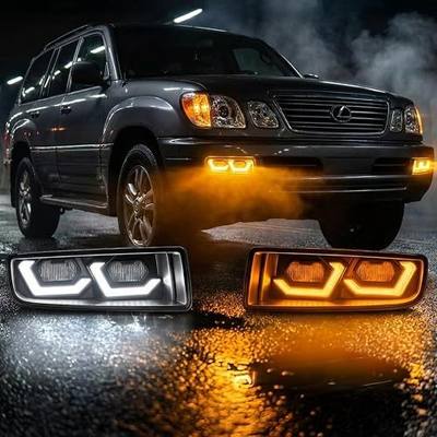 Driving Fog Spot Lights fit for 1998 1999 2000 2001 2002 2003 2004 2005 2006 2007 Lexus LX470 Accessories with LED White DRL Daytime Running Lights/Amber Sequential Turn Signal
