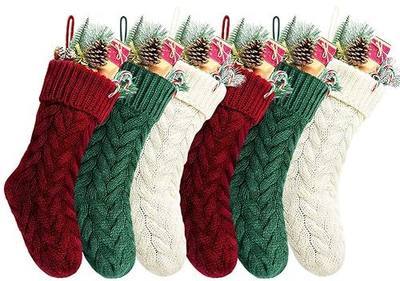 14 Inches Burgundy, Ivory, Green Knitted Christmas Stockings,6 Pack