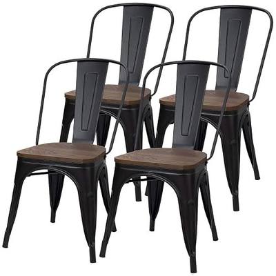 JUMMICO Metal Dining Chair Stackable Industrial Vintage Kitchen Chairs Indoor-Outdoor Bistro Cafe Side Chairs with Back and Wooden Seat Set of 4 (Black)
