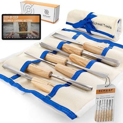 High-Quality Wood Carving Tools Set of 7 Chisels and Gouges with Canvas Case, Razor Sharp CR-V 60 Steel Woodworking Tools, Perfect Wood Carving Chisel Set for Beginners and Professionals from Schaaf