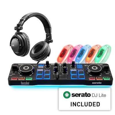 Hercules DJ Party Set: Ultra-compact, 2-deck DJControl Starlight USB DJ controller for Serato DJ Lite, HDP DJ45 headphones, 5 beat-detecting LED wristbands. | Serato Dj Lite, Hdp DJ45 Headphones, 5 Beat-Responsive LED Wristbands