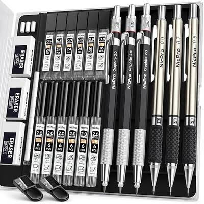 Nicpro 6PCS Art Mechanical Pencil Set | 3PCS Metal Drafting Pencil 0.5 mm & 0.7 mm & 0.9 mm & 3PCS 2mm Graphite Lead Holder (2B HB 2H) For Writing, Sketching Drawing