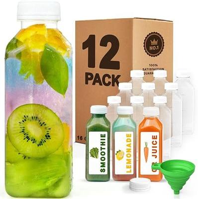 Norcalway 16 oz Plastic Juice Bottles with Caps Lids - Smoothie Bottles, Drink Juice Containers with Lids, Reusable - 12 Pack