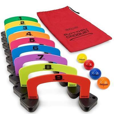 GoSports Putt-Thru Croquet Putting Game with 9 Gates and 4 Golf Balls | Tote bag, create custom courses at home, office or on the green, portable putting game for up to 4 players