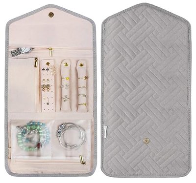 Travel Jewelry Organizer Case, Foldable Portable Jewelry Pouch,Bag & Roll, Jewelry Storage for Necklaces, Earrings, Rings, Watches & Bracelets,Unique Birthday Gifts for Women(Grey)