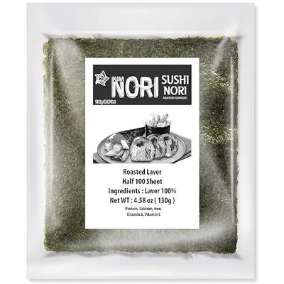 Kimnori Sushi Nori - 100 Half Cut Size for Sushi, or Kimbap, Roasted Seaweed Sheets, Natural Laver, Resealable Bag, 130g, 4.58oz