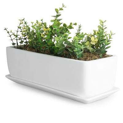 MyGift 14 Inch Unglazed White Ceramic Indoor Plant Pot with Drainage Hole | Rectangular Succulent Planter Window Box with Removable Saucer, Modern home décor houseplant flower holder minimalist garden