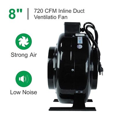 BloomGrow 8'' Inline Fan Carbon Filter Ducting Combo + Fan Speed Controller + 24 Hour Timer Outlet+Thermometer Ventilation System for Grow Tent Kit (8'')