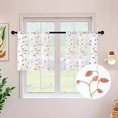 MRTREES 24 Inch Kitchen Sheer Curtains Terracotta Leaf Embroidered Short Curtains for Bathroom Mini Window Rod Pocket Voile Sheer Tiers for Basement Bedroom Window Autumn Festival Decor, 30x24 Length