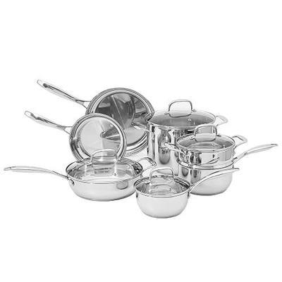 Amazon Basics Stainless Steel Cookware 11-Piece Set, Oven Safe, Induction-Ready, Even Heating, Non Toxic, Stay-Cool Handles, Pots and Pans, All Stovetops, Glass Lids, Silver