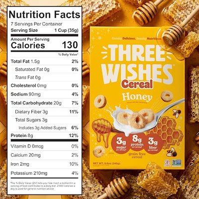 Protein and Gluten-Free Breakfast Cereal by Three Wishes (1-Pack) - High Protein and Low Sugar Snack - Vegan, Kosher, Grain-Free and Dairy-Free - Non-GMO (Honey)
