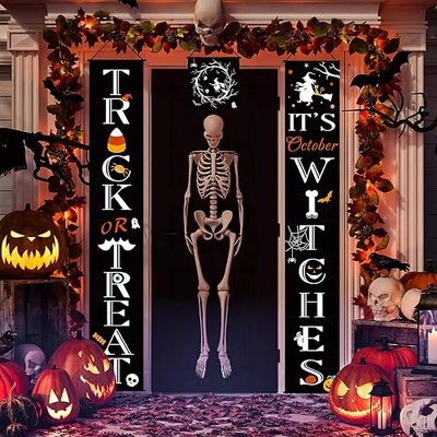 Halloween Decoration Set Halloween Trick Or Treat Banner Halloween Porch Sign Halloween White Trick Witches Sign Banner Halloween Door Hanger for Halloween Home Outdoor Indoor Party Decorations