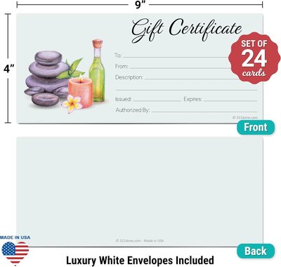 321Done Spa Gift Certificates (Set of 24 with Envelopes) 4x9 Inches Blank for Small Business, Salon, Massage Therapy, Candles, Holiday, Voucher - Made in USA - Sea Green