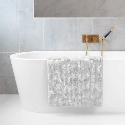 Bathroom Rugs, Extra-Thick Memory Foam Bath Mat, Ultra-Soft Chenille Microfiber, Highly Absorbent, Machine Washable, Shaggy Bath Mats for Bathroom, Non-Slip (21x47) Cool White