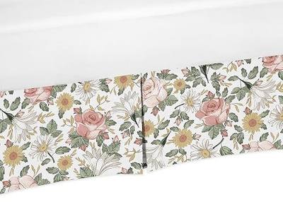 Sweet Jojo Designs Vintage Floral Boho Girl Pleated Baby Nursery Crib Bed Skirt Dust Ruffle - Blush Pink, Yellow, Green and White Shabby Chic Rose Flower Farmhouse