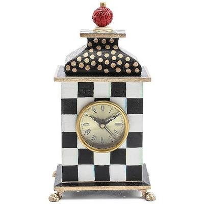 MACKENZIE-CHILDS Desk Clock, Black-and-White Courtly Check | Hand-painted design, made from wood with brass accents, requires one AA battery (not included), 5.75" W x 9.25" H x 4.75" D