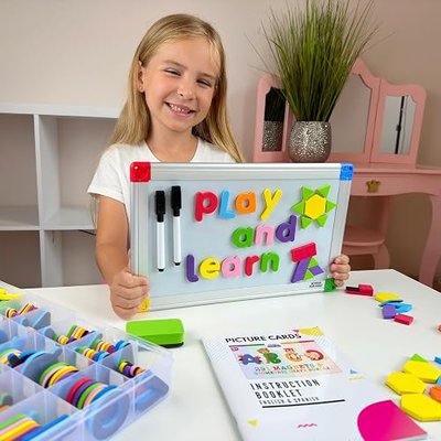 291Pcs ABC Magnets Board Magnetic Letters Numbers and Shapes Maker for Kids and Toddlers with Storage Double-Side Drawing Whiteboard Uppercase Lowercase Foam Alphabets Games Set
