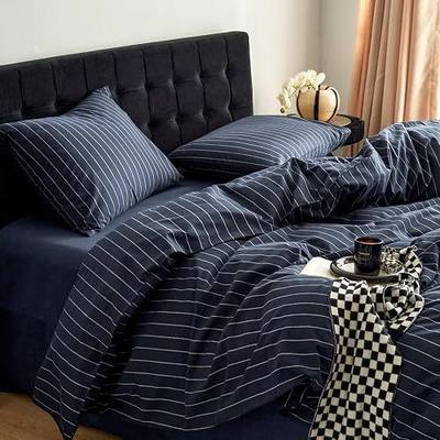 Wake In Cloud - Striped Cotton Duvet Cover Set, Ticking Stripe Vertical Pinstripe Farmhouse, 100% Washed Cotton Textured Bedding Set, 3 Pieces, Navy Blue, Queen Size