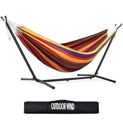 550lbs Capacity Double Hammock Adjustable Hammock Bed with 10ft Heavy Duty Steel Stand Includes Portable Carrying Case, Easy Set up Rainbow Stripe C