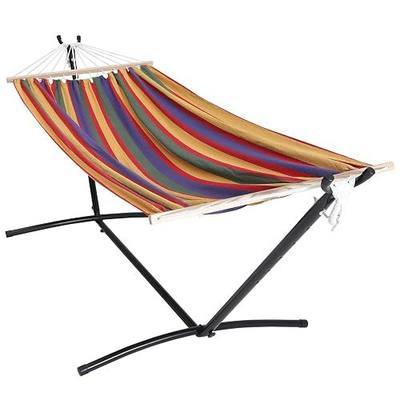 2 Person Adjustable Hammock with 10FT Heavy Duty Steel Stand and Spreader Bars, 550lbs Capacity,Included Portable Carrying Case for Indoor Outdoor Rainbow Stripe