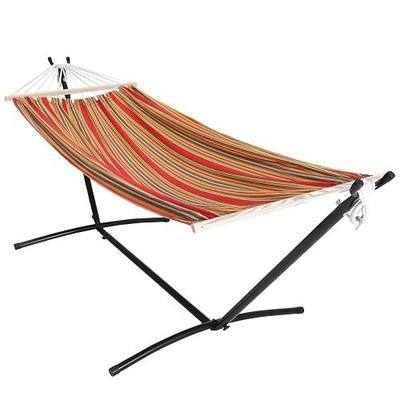 2 Person Adjustable Hammock with 10FT Heavy Duty Steel Stand and Spreader Bars, 550lbs Capacity,Included Portable Carrying Case for Indoor Outdoor Red Pinstripe