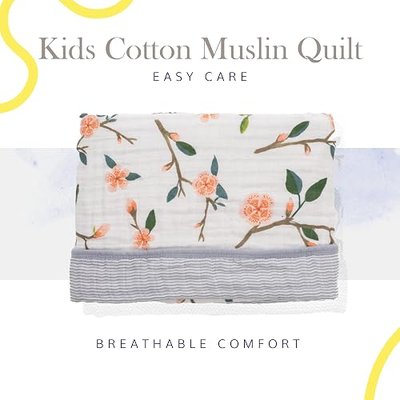 Red Rover Kids Cotton Muslin Quilt – 44” x 44”- 100% Cotton – Machine Washable – Softer with Every Wash – Playful Designs - Lightweight, Breathable Layers – Unisex (Peach Blossom)