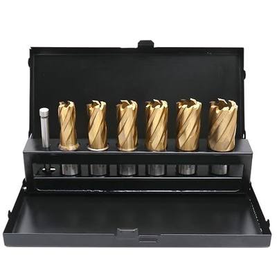 Accusize Industrial Tools 9/16" to 15/16", 7 pc TiN Coated H.S.S. Annular Cutter Set, 3/4'' Weldon Shank, 1'' Cutting, Plus a Pilot Pin, BC01-1000 | 9/16" to 15/16" C.D.; 1" Cut, TiN Coated, 3/4" Weldon Shank, 7 Pcs