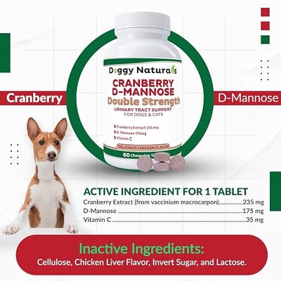 Cranberry D-Mannose for Dogs and Cats Urinary Tract Infection Support Prevents and Eliminates UTI, Bladder Infection Kidney Support, Antioxidant (Double Strength Tablet, 60 Count)