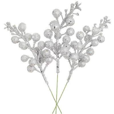 14 Pack Christmas Glitter Berries Stems Clearance, 7.8 Inch Artificial Christmas Picks for Christmas Tree Ornaments, DIY Xmas Wreath, Crafts, Holiday and Home Decor, Silver