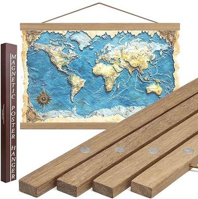 36" Sturdy Magnetic Poster Hanger,Sleek Poster Frame of Teak Wood with Strong Magnets for Safely Hanging Maps Pictures Canvas Scrolls Print Wall Art, Dacri Home (36 Inch, Natural Wood)
