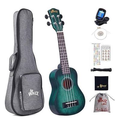 Winzz Kids Adults Ukulele Soprano Beginner Kit, 21 Inches Ukulele Set Blue-green with 8 Accessories, Unique Color Design